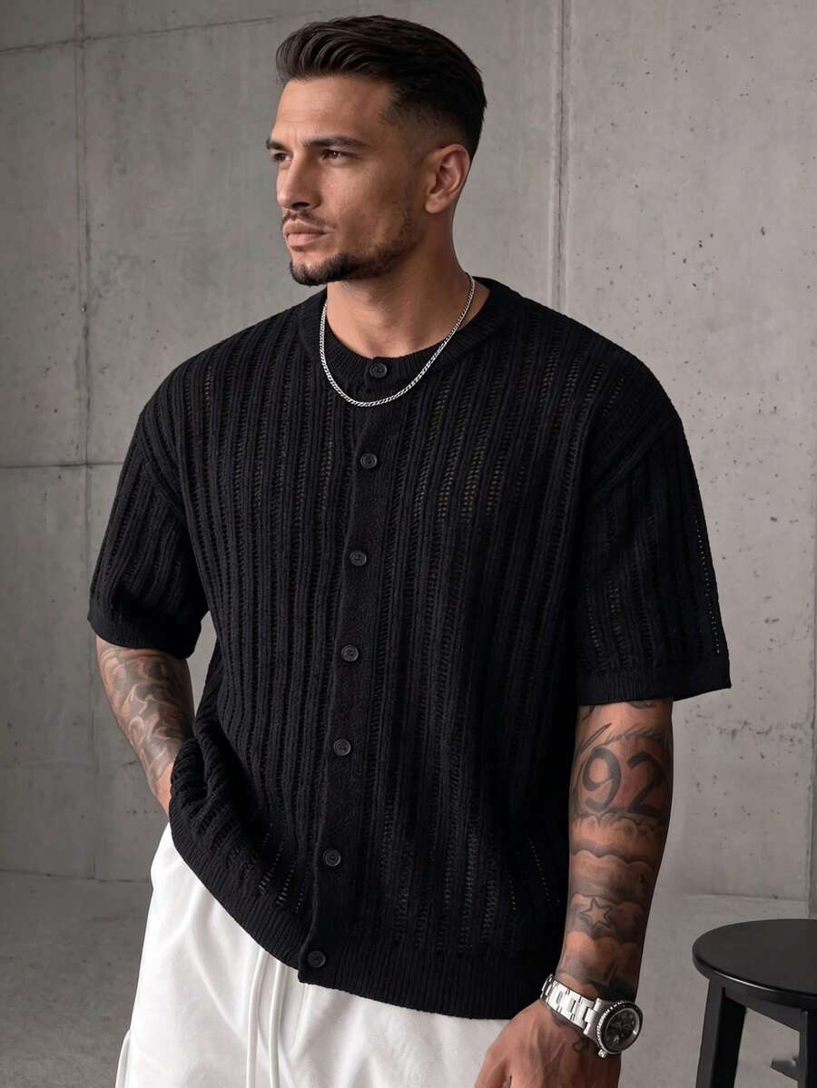 Spring/Summer Men's Unisex Casual Loose Minimalist Solid Color Ribbed Vintage Versatile Commute Fashion Lazy Knit Top Round Neck Button Front Cardigan Sweater Short Sleeve Jacket Black - Black - View 1