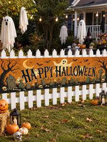 1pc Halloween Banner, Vintage Orange Happy Halloween Letters With Pumpkin, Ghost, Black Cat, Skeleton Monster Print, Suitable For Porch, Yard, Wall And Holiday Party Decoration - Vintage Cartoon - View 6