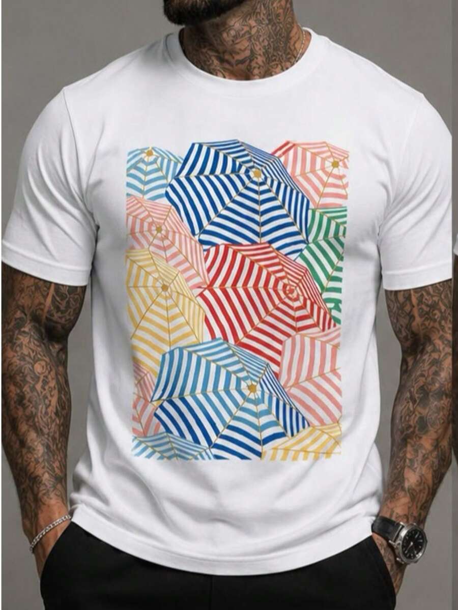 Camiseta Masculina Branca | Estampa Guarda-Sóis Coloridos | Casual Streetwear Premium