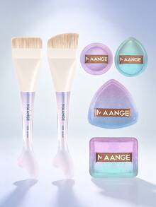 MAANGE 2pcs Facial Makeup Brush Set (Foundation Brush, Mask Brush) + 4pcs Multi-Functional Cushion Powder Puffs Makeup Tools, Gift For Women And Girls, Suitable For Home, Travel Or Outdoor Use - Multicolor - View 2