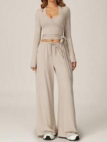 TimeOff Women's One Set Solid Color Cross Wrap Tie Waist Long Sleeve Cover Up With Elastic Drawstring Side Pockets Wide Leg Pants - Apricot - View 5