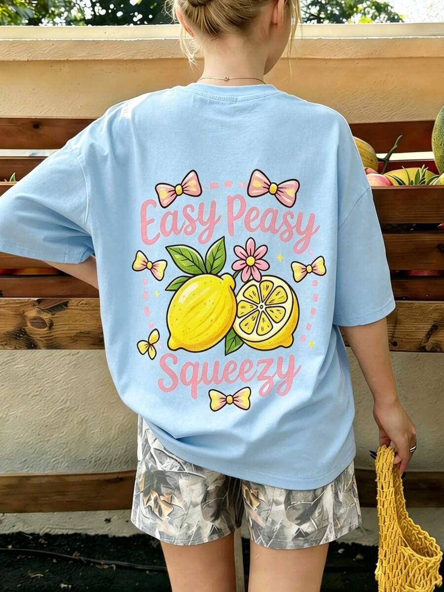 Tween Girl 1pc Printed Pullover Short Sleeve T-Shirt, Student Youth Kids Summer Top, Suitable For Autumn/Winter Layering, INS Casual Street Beach Vacation Airport Breakfast School Daily Outfit, Versatile Styling - Baby Blue - View 1