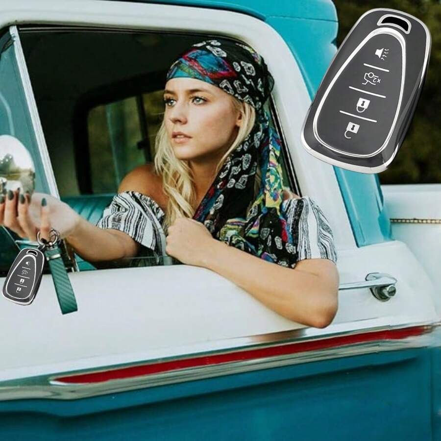 TRTY 1pc Chevrolet Car Fashion Key Case, Premium Soft TPU Smart Key Cover With Carbon Fiber Keychain, 4-Button Protective Cover Compatible With Equinox, Malibu XL, Blazer, Orlando, Cruze, Cruze. With Remote Start Button Compatible With New Cruze, Trax, Tracker Models, Supports Remote Start Key Or Find Car Alert Key, Fashionable And High-End Matching Keychain, Car Key Accessories