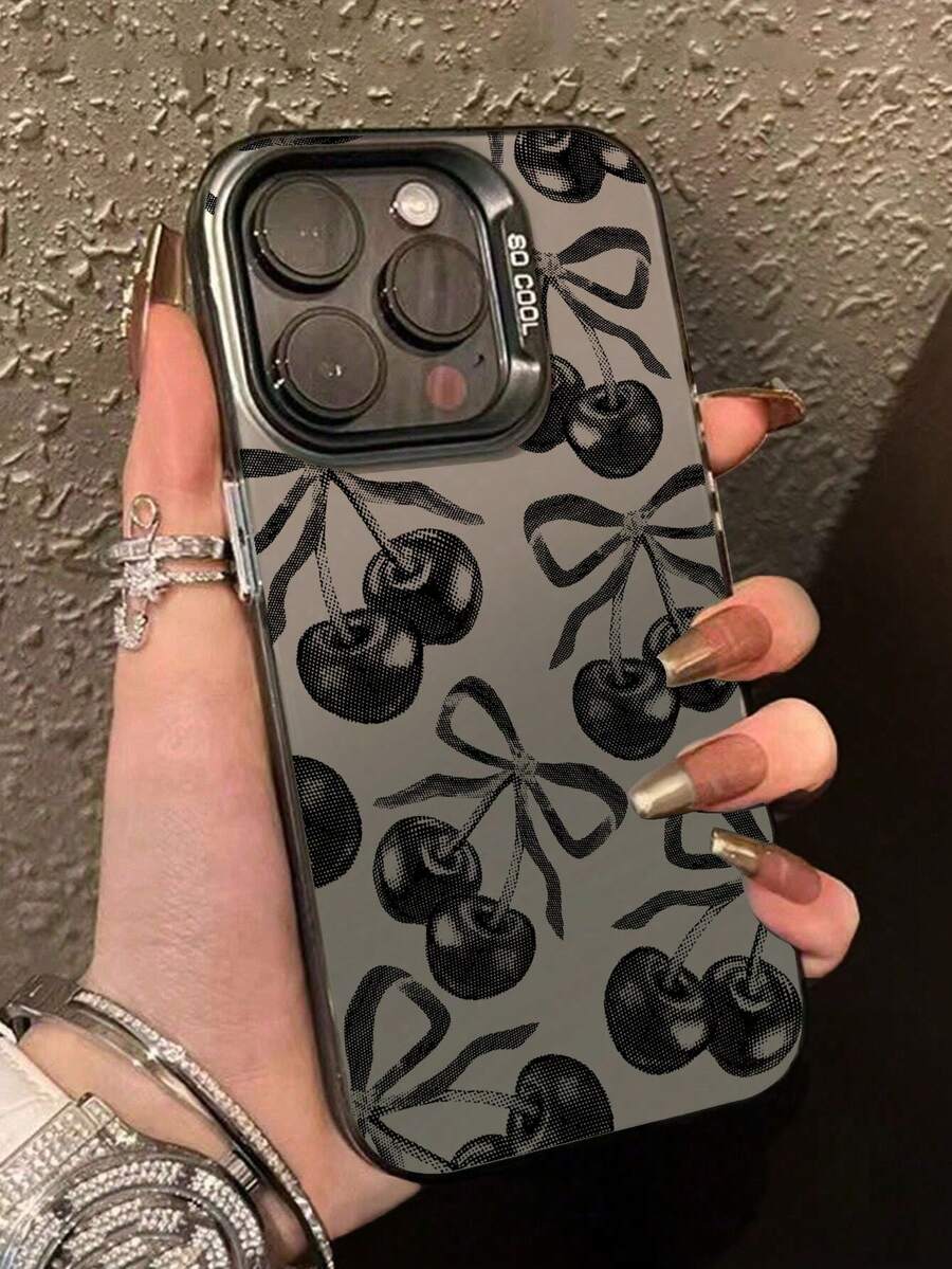 1 Stück Handyhülle kompatibel mit iPhone 13, 14 Pro Max, 11 aus schwarzem transparentem IMD-Material mit Kamera und süßem Cartoon-Kirsch-Schleifen-Design - Schwarz - Übersicht 1