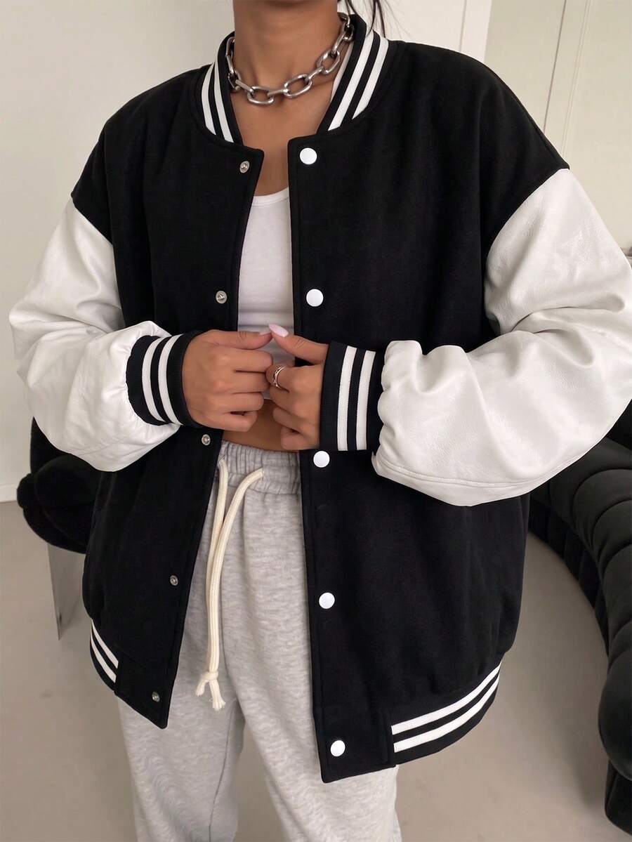 青少年女孩 1件休閒寬鬆雙色抓絨內裡棒球夾克,厚實保暖戶外運動外套,適合春秋冬季返校穿著 - 黑色 - 查看 1