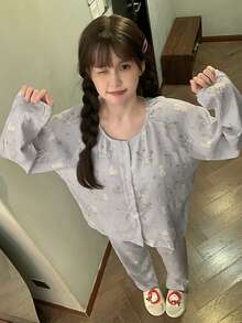 2pcs/Set Women's Pajamas Homewear Set, Fashionable Cute Rabbit Print Open Front Long Sleeve Long Pants, Suitable For All Seasons - Mauve Purple - View 4
