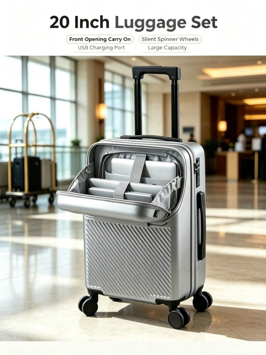 20 Inch Carry-On Suitcase With Front Laptop Compartment, Hard Shell PC Luggage, TSA Lock, Silent Spinner Wheels, Lightweight Business Travel Bag - Silver - View 1