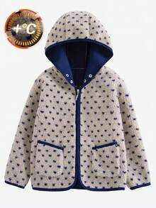 Girls' Casual Fashion Polka Dot Contrast Trim Hooded Thick Long Sleeve Jacket, Autumn/Winter - Beige - View 1