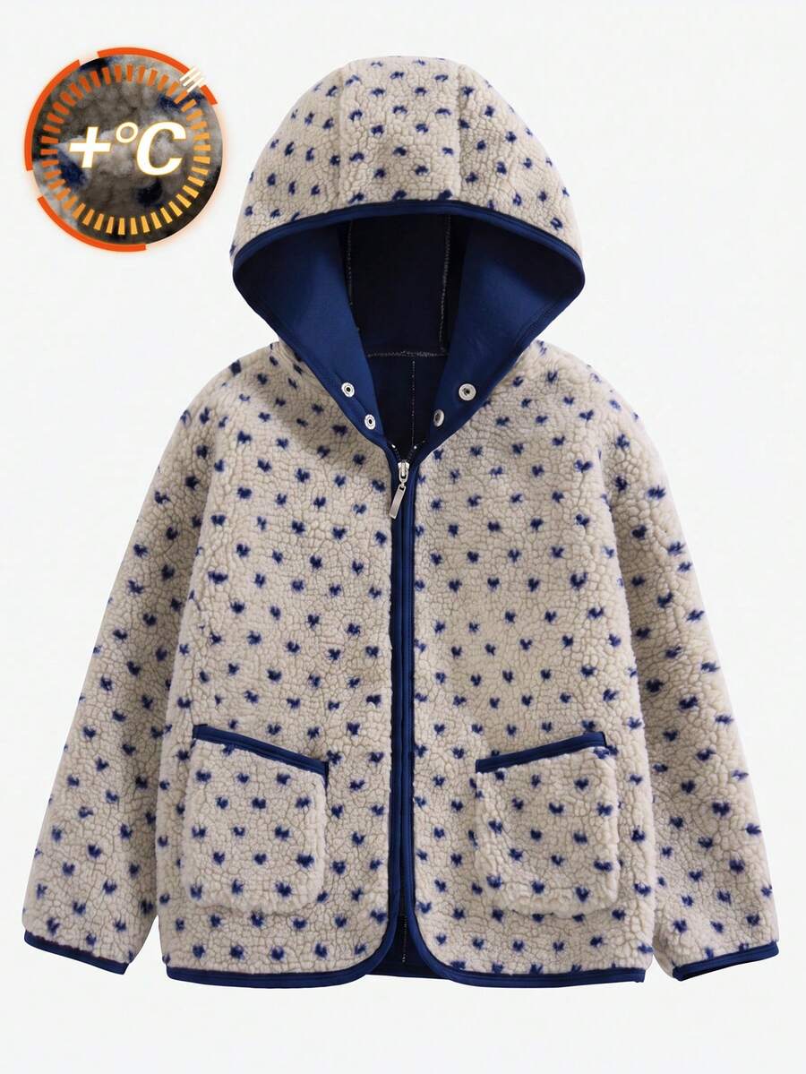 Girls' Casual Fashion Polka Dot Contrast Trim Hooded Thick Long Sleeve Jacket, Autumn/Winter - Beige - View 1