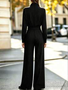 1pc Women's Fashion Elegant Casual Vertical Striped 2-Piece Set For Office And Daily Wear, Spring/Autumn - Black - View 2