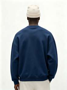 Sudadera holgada de cuello redondo con estampado de oso de manga larga y diseño versátil casual para hombres, ideal para el otoño - Azul Marino - Ver 2