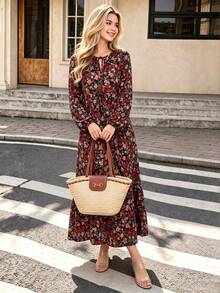 Gaun Panjang Wanita Motif Bunga Musim Gugur, Lengan Panjang, Leher Berlubang, Hem Bergelombang, Model A-Line, Gaun Maxi - MultiWarna - View 9