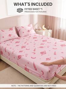 1pc Pink Space Planet Pattern Fitted Sheet, Bedding, Mattress Protector, Home Textile, Soft, Wrinkle-Resistant, Breathable & Comfortable, Suitable For All Bed Sizes, Dorm Bedding, Home Decor, Pillow And Pillowcase Not Included, Deep Pocket, Back To School - Multicolor - View 3