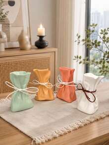 Bag-Shaped Resin Vase, Pleated Bag Design With Bow Rope Decoration, Modern Aesthetic Tabletop Vase, Home Living Room Bookshelf Decor - Multiple Styles - View 9