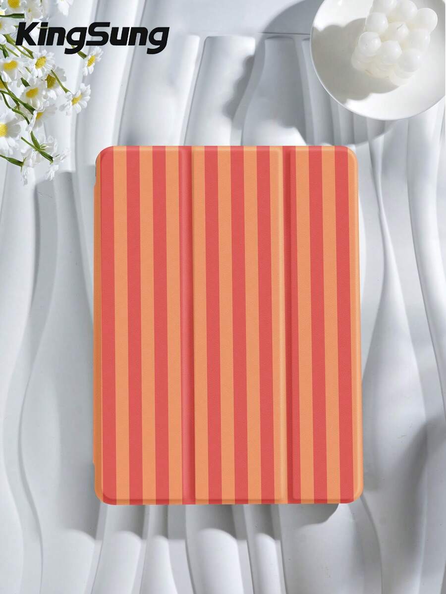 橘紅色垂直條紋平板保護殼，相容 iPad 9.7/10.2/10.5/10.9/12.9/Pro 11、第 10 代，相容 Galaxy Tab S6 Lite 10.4 吋，相容 Kindle Paperwhite 第 12 代 2024、Kindle (第 11 代) 2022、Clara Color，柔軟防震，智能支架/自動喚醒/睡眠
