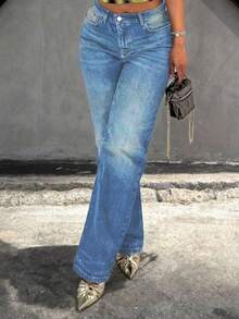 Celana Jeans Boyfriend Wanita Model Lurus Longgar Gaya Vintage dengan Efek Lusuh - Medium Wash - View 4