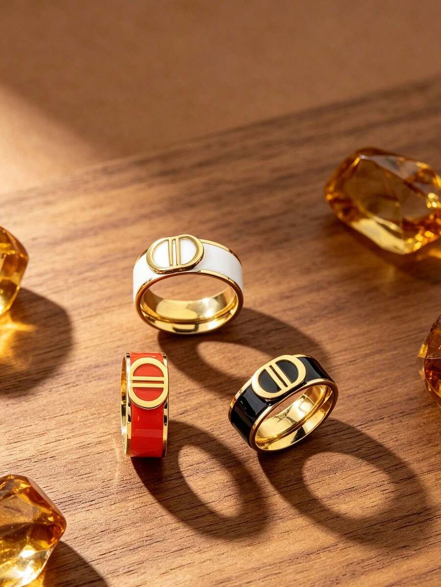 Vintage Pig Nose D Double Drop Oil Wide Band Ring For Women, Luxury High-End Ring, Classic Double D Letter Design, 3 Colors Available, Minimalist Versatile Commuter Jewelry, European And American Ins Style Niche Accessory, Textured Gold-Edged Enamel Craftsmanship, Suitable For Daily Wear, Parties, Couple Gifts, Layering Piece, Fashionable Elegant Women's Jewelry - Double D Drop Ring - View 1