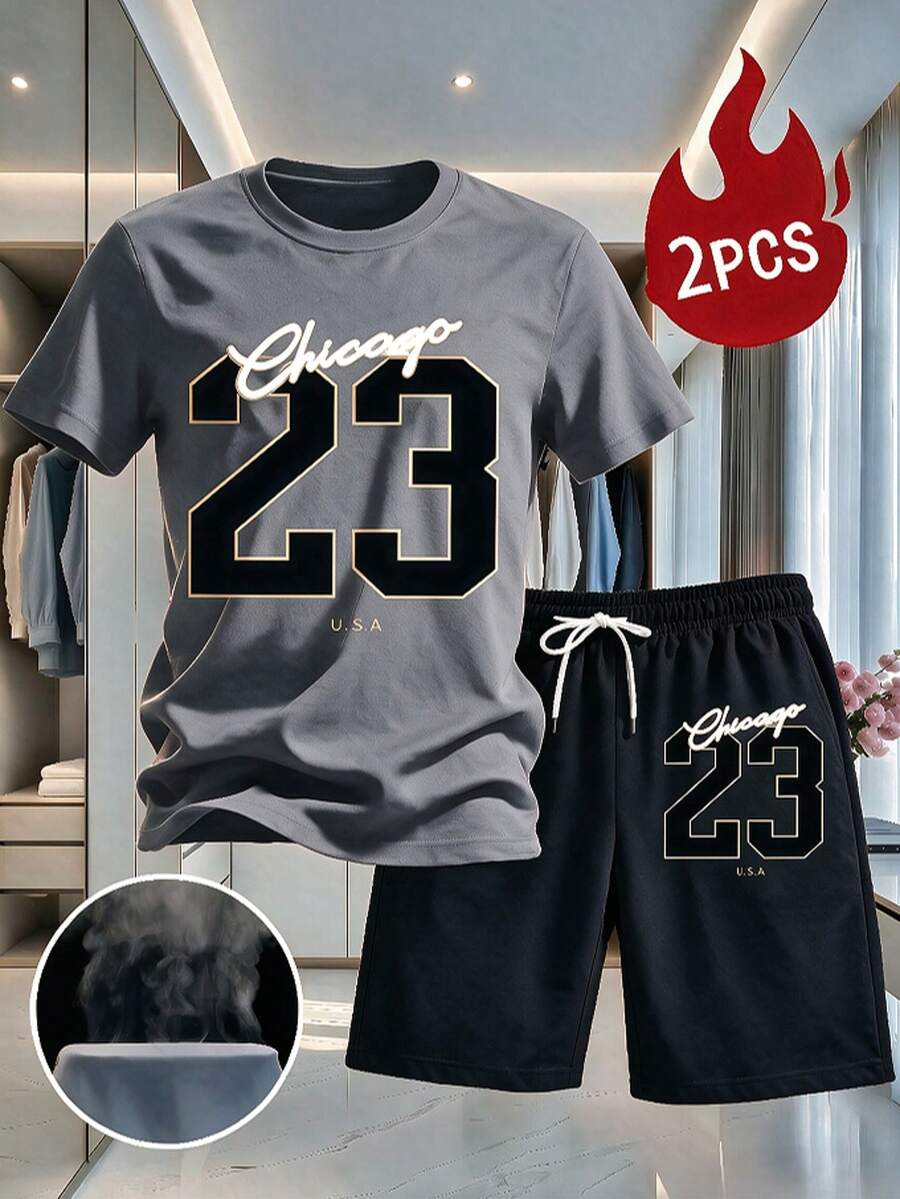Mens Clothes Set Of 2pcs Including A White T-Shirt Featuring A Black And Golden '23' Print,Shorts That Have Golden '23' Accents And A White Drawstring - 淺灰色 - 查看 1