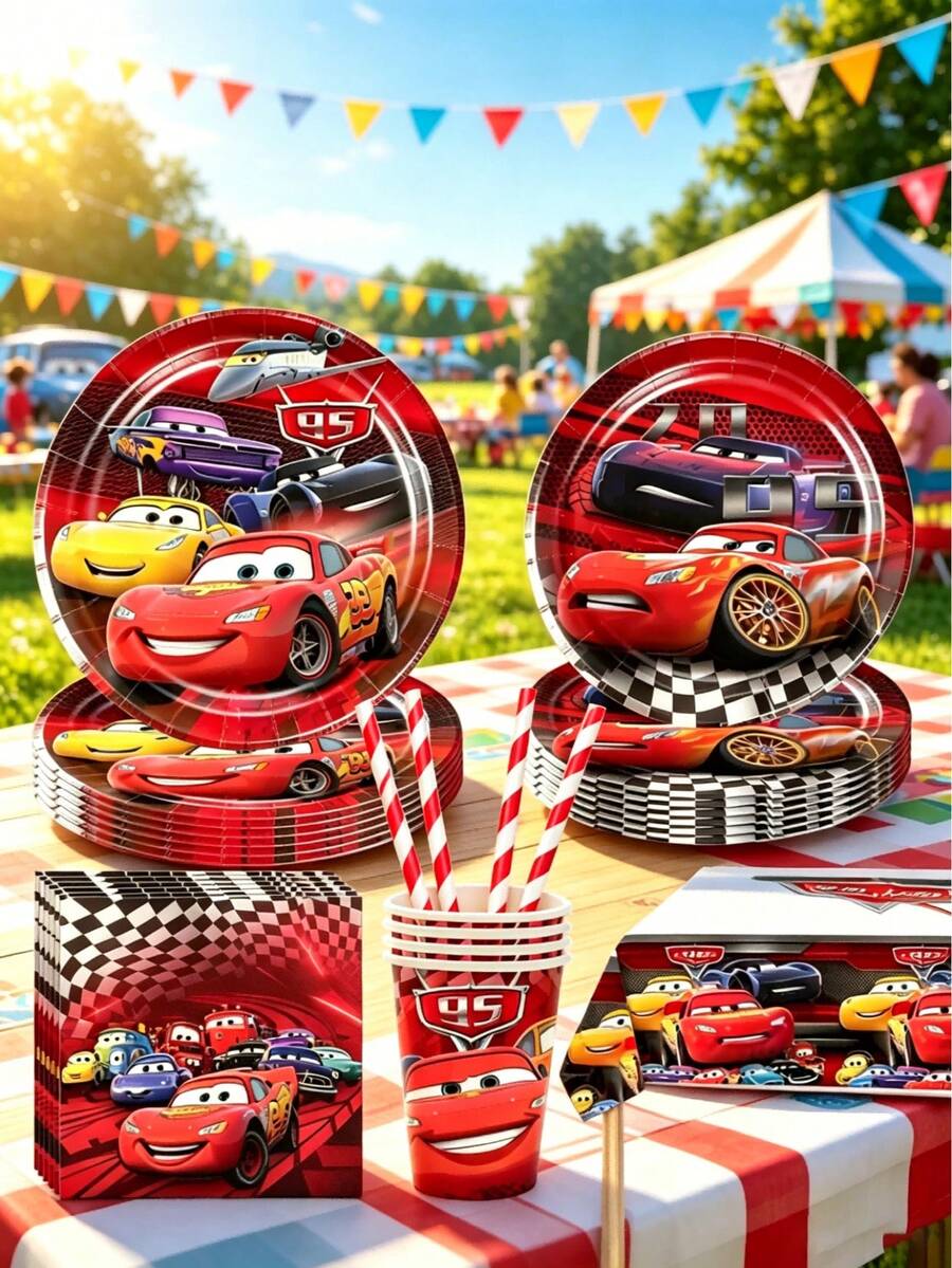 Red Racing Car Cartoon Theme Disposable Party Tableware Set, Birthday Paper Plates, Cups, Napkins, Straws, Full Set Party Decoration Supplies - Multicolor - View 1