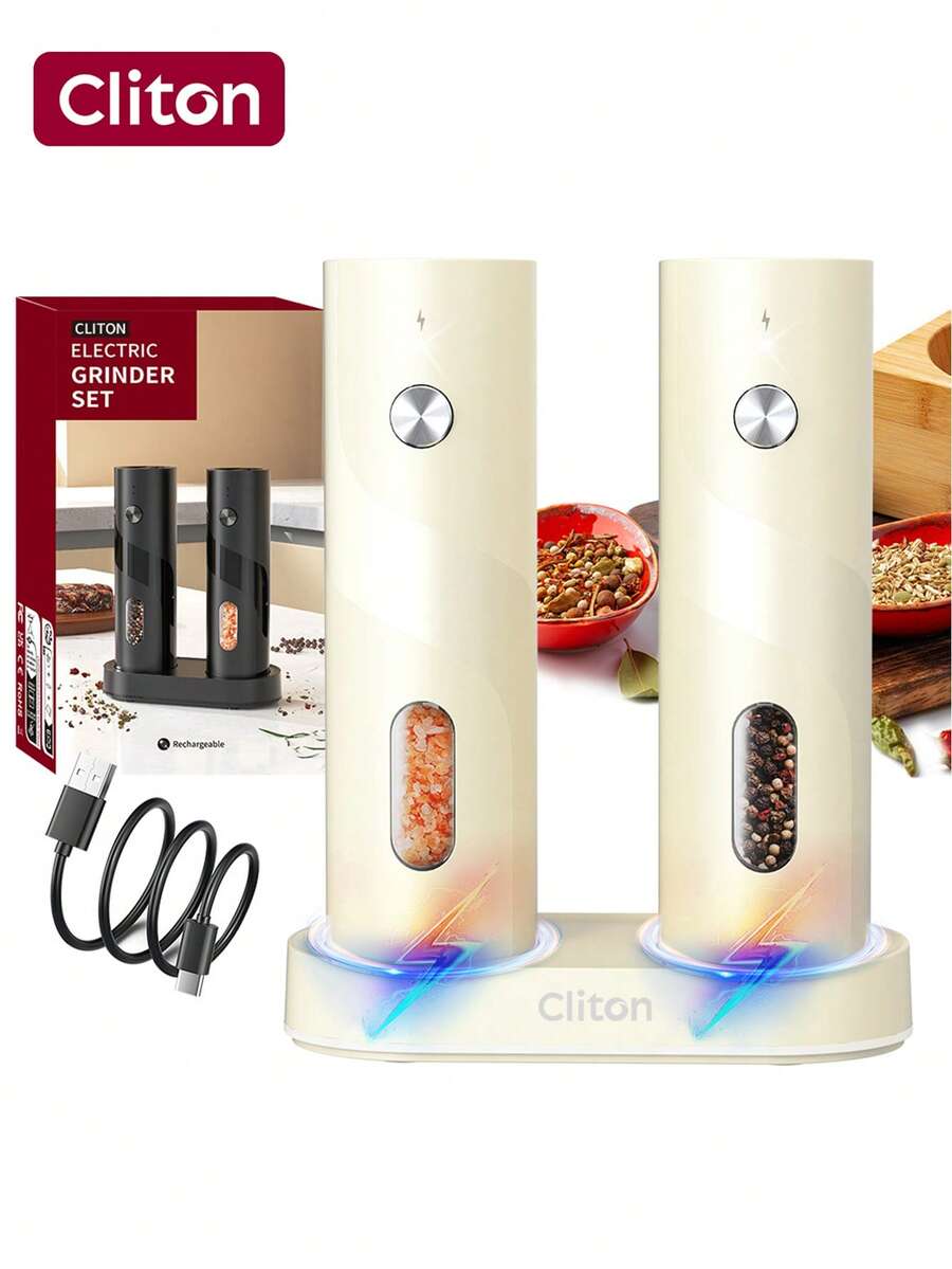 CLITON 頂級電動鹽與胡椒研磨器，單手自動研磨，附LED燈與發光充電底座，3種選擇：單個內置電池組、2件組內置電池組、充電底座禮盒組，廚房小工具，理想的節日與喬遷禮物