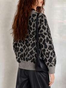 Cardigan Rajut Longgar Gaya Jalanan Kasual Wanita Motif Leopard untuk Liburan - Coffee Brown - View 2
