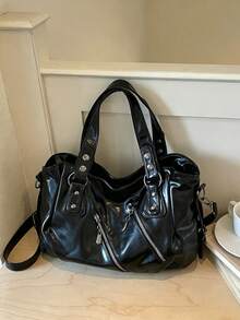Retro Minimalist Large Capacity Fashion Student/Work Commute Tote Bag - Black - View 6