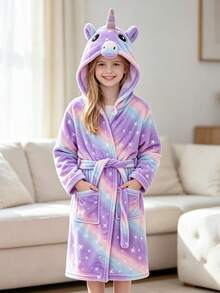 Young Girls' Bright Purple Starry Unicorn Bathrobe - MultiWarna - View 3