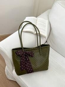 Women's Tote Shoulder Bag, Solid Color Polka Dot Bow Ribbon Decor, Large Capacity, Minimalist Elegant Style, Daily Commute Shopping Handbag - Green - View 7