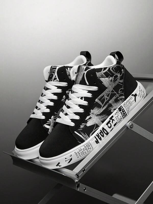 Zapatillas deportivas de caña alta con cordones para hombre, estampado aleatorio en blanco y negro, estilo clásico retro versátil para uso casual y deportes al aire libre