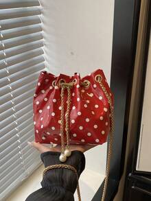 1pc Solid Color PU Drawstring Bucket Bag With Polka Dot Pattern Chain Crossbody Women's Fashion Shoulder Bag - Red - View 7