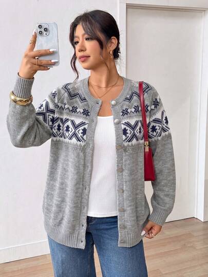 Women Plus Size Fair Isle Knit Button Cardigan Long Sleeve Casual Sweater, Fashion Outerwear For School Work Travel Autumn Winter