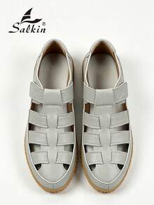 Salkin 夏季女款包頭羅馬平底涼鞋 鏤空編織籠鞋 橡膠底 灰色 走路鞋 休閒涼鞋 復古透氣漁夫涼鞋 適合日常度假 - 灰色 - 查看 6