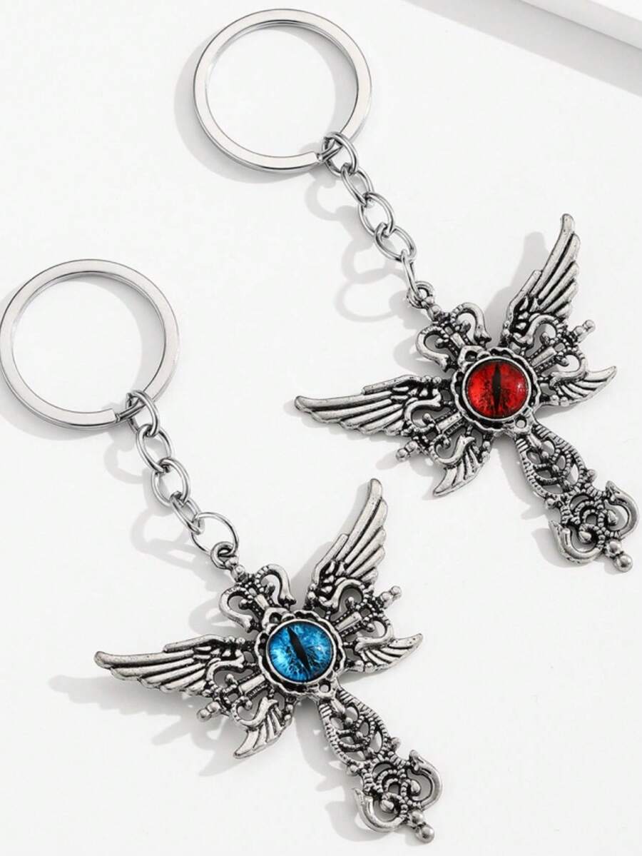 2pcs Gothic Style Wing Cross Demon Eye Keychains, Vintage Alloy Pendant, Punk Style Bag Charm Accessories, Suitable For Keys And Backpacks, Gift For Men And Women - Multicolor - View 1