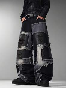 Men's Hong Kong Retro Patchwork Jeans, Ripped Wide Leg Loose Denim Pants, Street Fashion Long Trousers (No Belt/Accessories Included) - Black - View 5