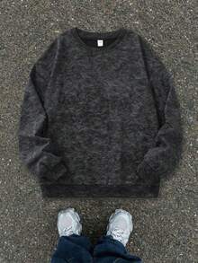 Vintage Acid Wash Girls' Sweatshirt, Solid Color Loose Street Style Crew Neck Autumn/Winter Campus Top - Black - View 2