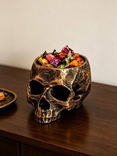 1Pc Resin Skull Planter Pot, Multi-Purpose Gothic Skull Storage Container, Halloween Decorative Vase For Succulent Plant, Makeup Brush Holder Candy Bowl Dark Home Desktop Ornament