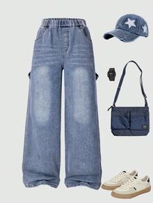Teen Boy Summer Pocket Letter Embroidery Wide Leg Denim Jeans Fashion New Style - Blue - View 5