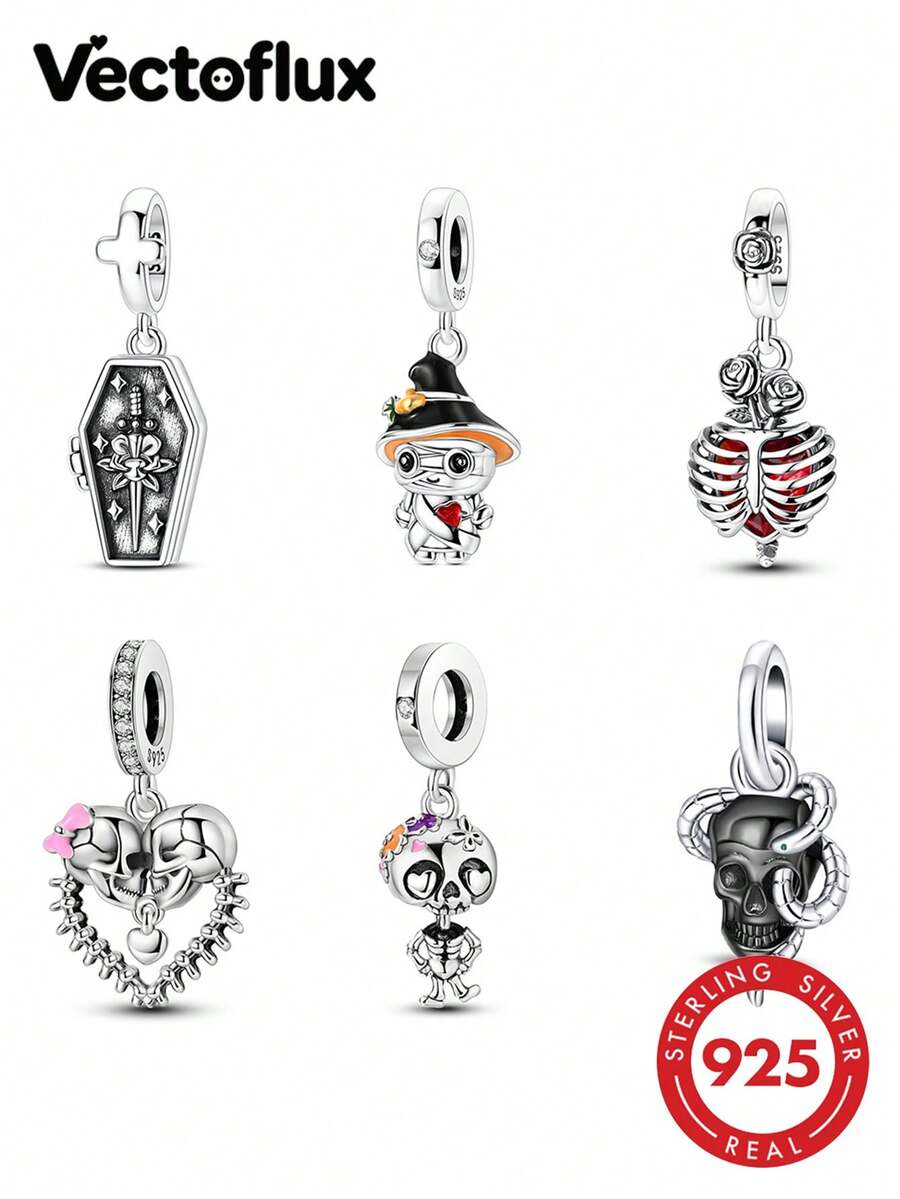 Vectoflux 1pc Dark Halloween Gothic Style S925 Sterling Silver Hypoallergenic Glow-In-The-Dark Openable Coffin Skull Rose Red Heart Skull Mummy Dancing Skeleton Pendant, Suitable For Original Bracelet, Women's DIY Jewelry Making, Birthday Gift - Multicolor - View 1