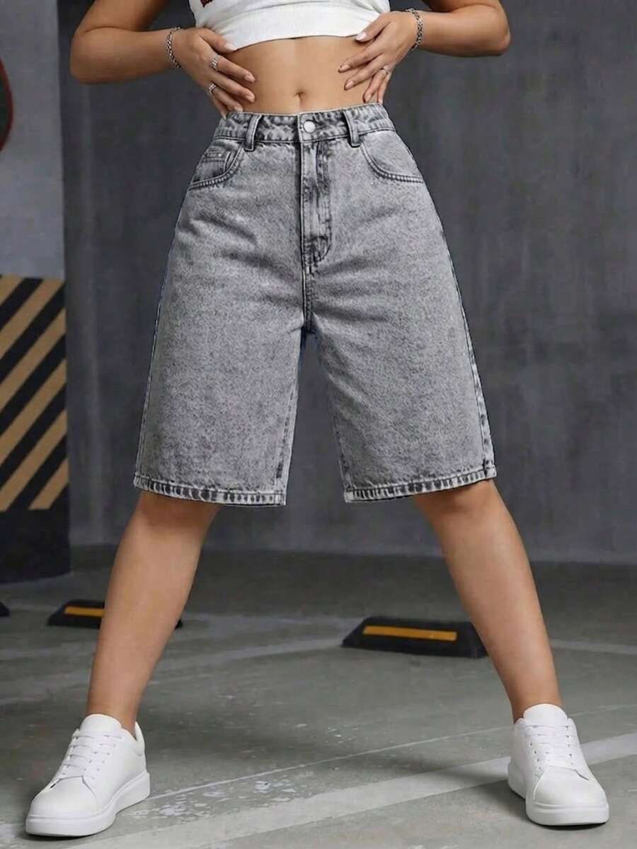 女款休閒街頭風中腰寬鬆彈性牛仔短褲,Mom短褲,夏季款 - 灰色 - 查看 1
