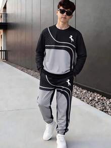 Setelan Olahraga Kasual Musim Semi/Gugur untuk Remaja, 2 Potong, Kaos Lengan Panjang Leher Bulat Motif Polkadot Blok Warna Melengkung Hitam & Abu-abu dan Celana Jogger - Hitam - View 1