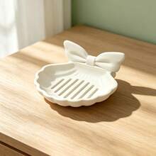 1pc Bowknot Shell Shaped Soap Dish, Thickened Ceramic Material With Hollow Drainage Design For Quick Drying, Countertop Storage Keeps Soap Dry And Durable, Suitable For Exquisite Home Decor Enthusiasts, Bathroom Sink Soap Storage, Say Goodbye To Sticky Soap Dishes And Refresh Your Countertop, Desktop Storage Tray For Toiletries - White - View 4