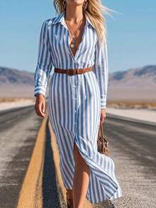 Women's Blue Striped Button Shirt Dress, Long Sleeve Non-Stretch Dress, Suitable For Casual Daily Wear And Office Occasions - Blue - View 10