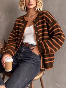 Women's Round Neck Single-Breasted Contrast Color Striped Long Sleeve Knit Cardigan, Loose Casual Versatile Fashion Style For Autumn/Winter - Brown - View 1