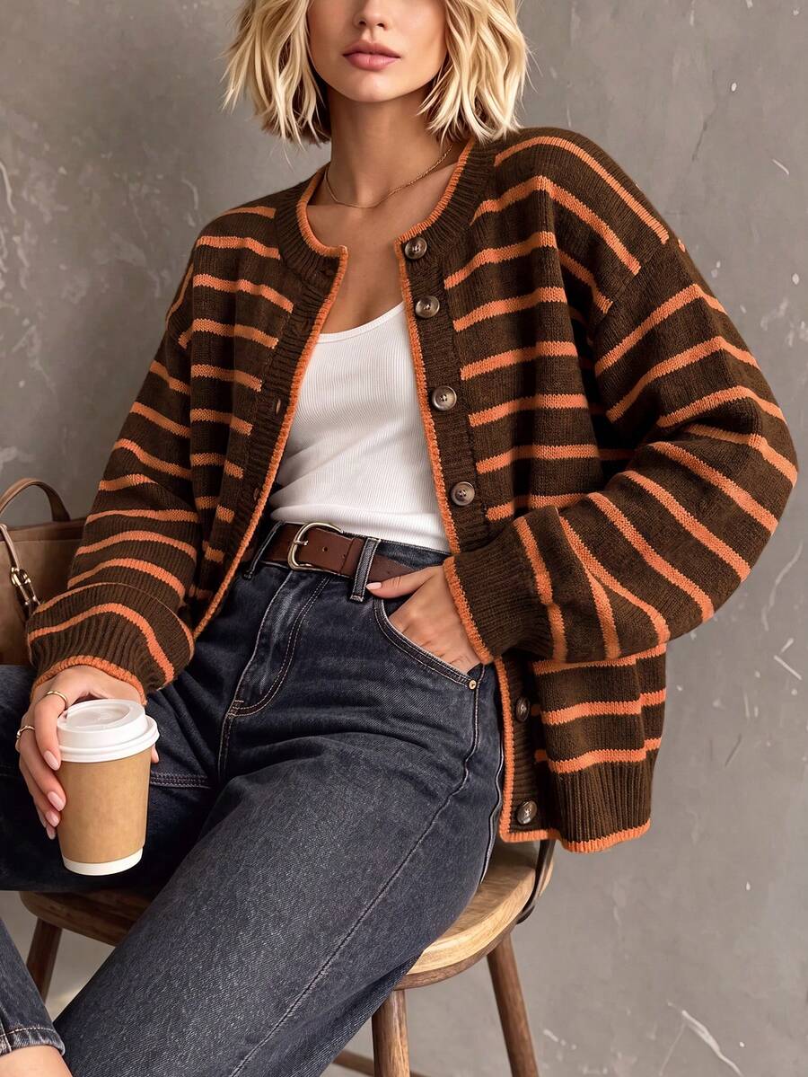 Women's Round Neck Single-Breasted Contrast Color Striped Long Sleeve Knit Cardigan, Loose Casual Versatile Fashion Style For Autumn/Winter - Brown - View 1