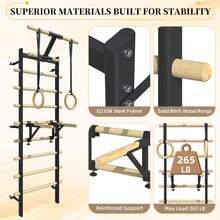 UNIONLINE Wall Mounted Swedish Ladder With Pull Up Bar & Gym Rings | Multi-Functional Home Physio Workout Station, Wall-Mounted Swedish Ladder Gym Equipment, Pull Up Bar And Wooden Rings - Black - View 6