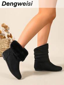 Flat Round Toe Slip-On Boots With Foldable Collar And Fur Lining, Comfortable Versatile Winter Boots For Office, Commute And Daily Wear - Black - View 5