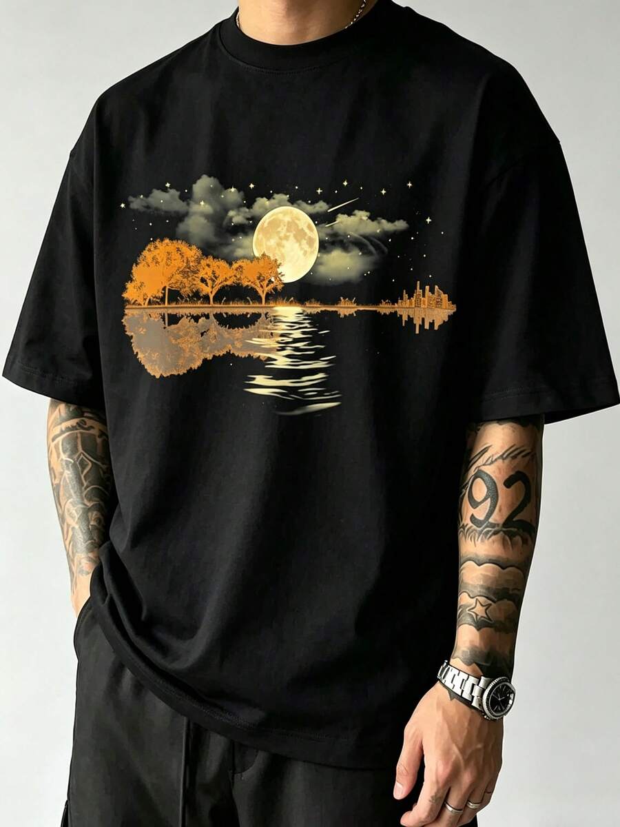 Guitar Lake Reflections T-Shirt: Musician Gift - 黑色 - 查看 1