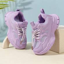 1 Pair Girls' Sports Shoes, New Style Kids' Chunky Sneakers With Double Mesh Breathable Anti-Slip Design For Spring And Autumn, Comfortable Casual Running Shoes For Big Kids And Teen Girls, Size Runs Small, Recommend Ordering One Size Up - Purple - View 4