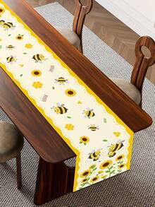 1pc 35*180cm Cute Yellow Bee & Sunflower Polyester Table Runner/Tablecloth, Birthday Party Dining Table Decor, Home Kitchen & Restaurant Tablecloth Decoration Fabric - Little Bee - View 4