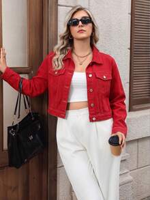 Women's Plus Size Short Casual Denim Jacket, Long Sleeve, Autumn Top, Traceable Cotton Red - Red - View 3